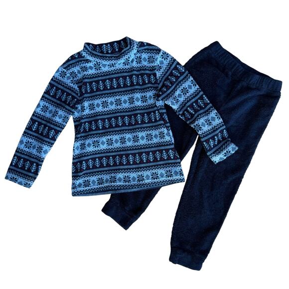 Uniqlo Boys Blue Stripes Fuzzy Fleece 2 Piece Sweater Pants Pajama Set 5-6 yrs - Picture 1 of 7